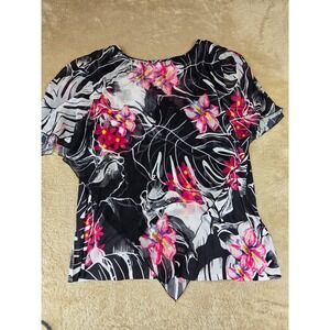 Avenue Womens Plus Size 26/28 Tropical Floral Layered Sheer Blouse Black Pink